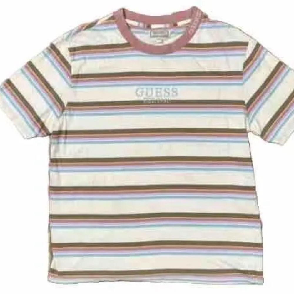 VINTAGE Guess Shirt Adult X-Large Blue Pink Stripes Spell Out Logo ASAP Mens 90s
